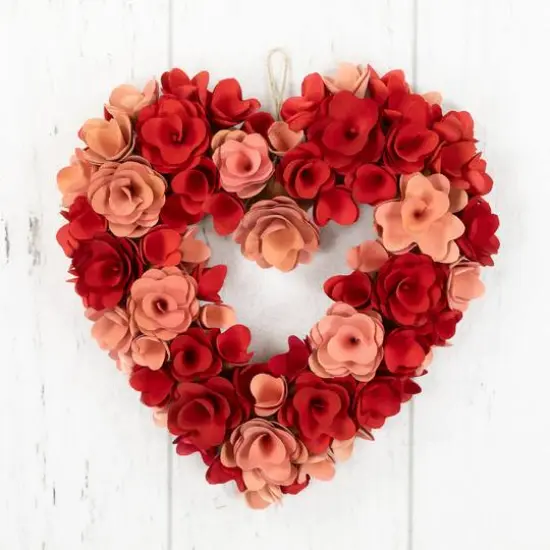 15" Red & Pink Wooden Floral Artificial Valentine's Day Wreath {6}