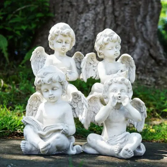 6.5" Gray Cherub Angel Outdoor Garden Statues Set Of 4 {3}