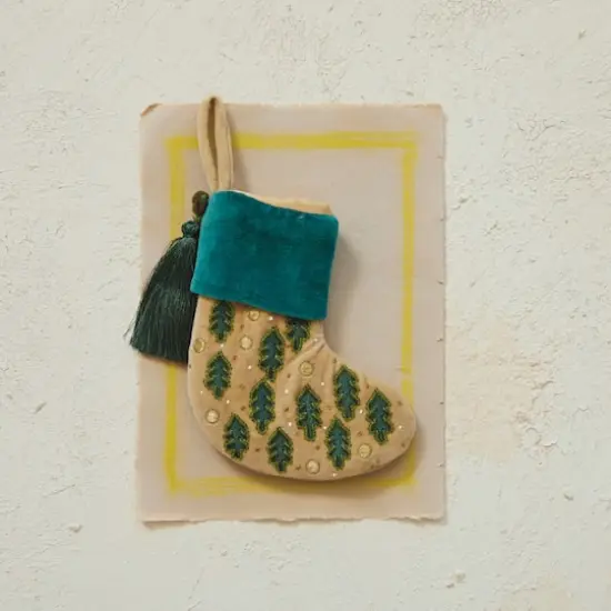 Hello Honey&reg; 7" Green Leaf & Tassel Cotton Velvet Stocking Ornament {3}