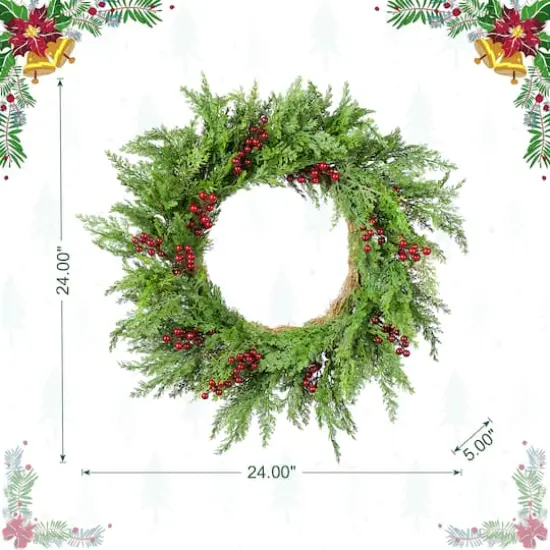 Glitzhome&reg; 24"D Christmas Greenery PE Cedar Wreath with Red Berries {9}