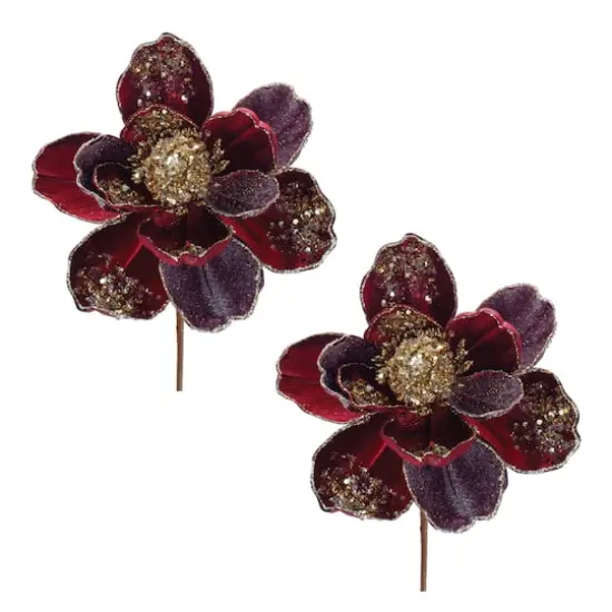 28" Beaded Velvet Magnolia Flower Stems, 2ct. Burgundy {1}