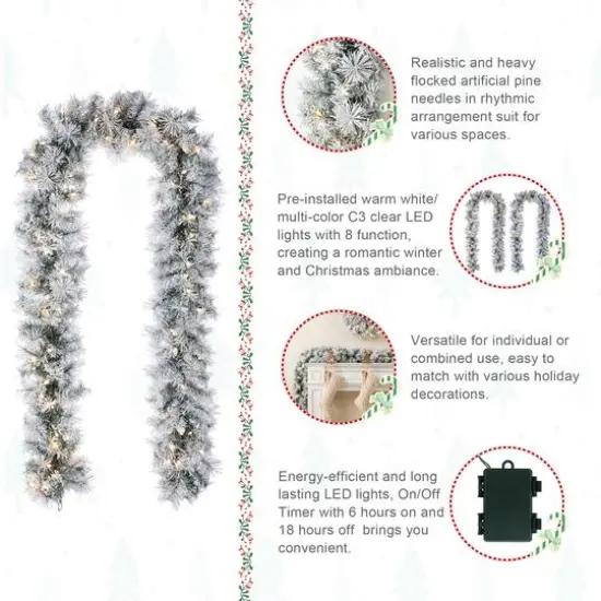 Glitzhome&reg; 9ft Pre-Lit Snow Flocked Greenery Pine Christmas Garland with Timer {8}