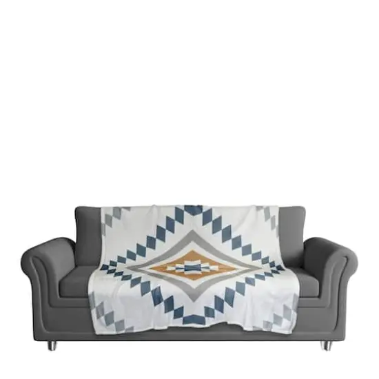 White, Blue & Yellow Southwestern Diamond Pattern Coral Fleece Blanket {4}