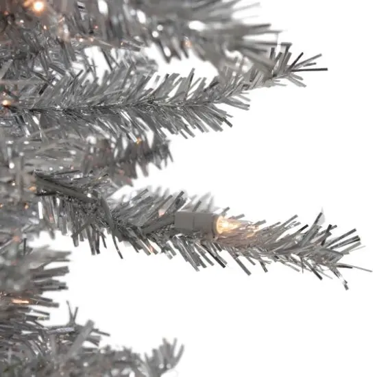 6.5ft. Pre-Lit Silver Tinsel Pine Artificial Christmas Tree, Clear Lights {3}