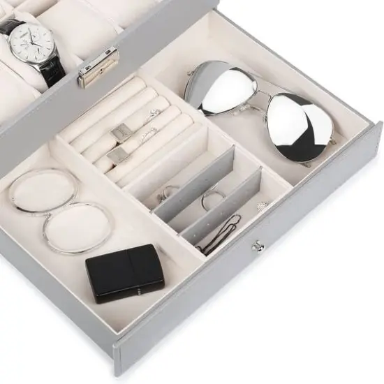 NEX&trade; Gray Double Layer Leather Watch Box with Glass Top {6}