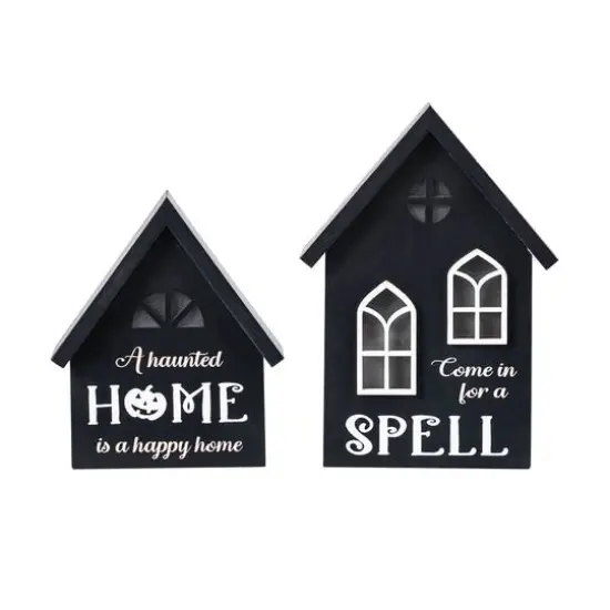 Glitzhome&reg; 8"H Lighted Halloween Wooden House-shaped Table Decor Set {7}