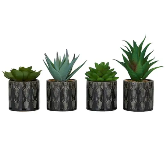 Green Faux Foliage Small Succulent Artificial Plant with Leaf Patterned Pot Set {1}