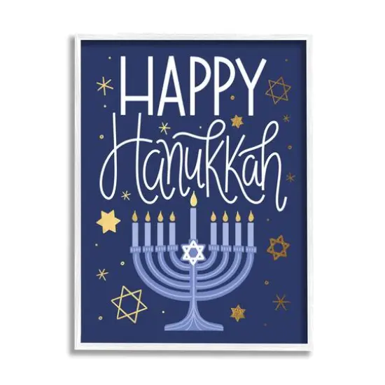Stupell Industries Happy Hanukkah Blue Menorah Pattern Framed Giclee Art White {1}