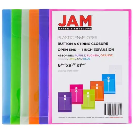 JAM Paper 6.25" x 9.25" Assorted Button & String Tie Closure Plastic Envelopes, 6ct. {4}