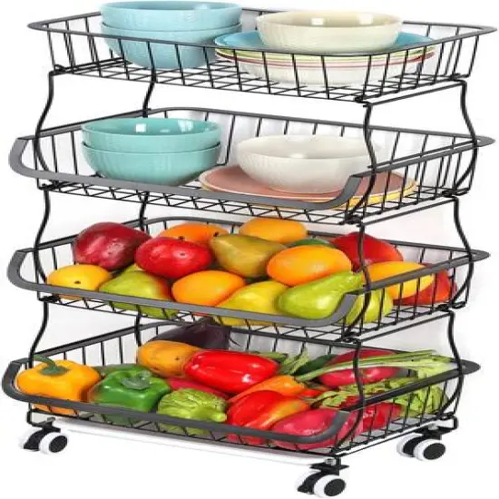 Black 4-Tier Fruit Storage Basket Rolling Cart {1}