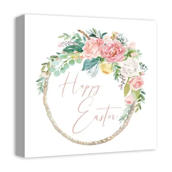 Happy Easter Floral Wreath 16" x 16" Canvas Wall Art {3}