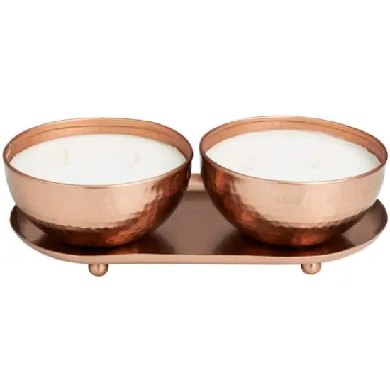 White Wax Tropical Breeze Scented Candle with Copper Hammered Container and Oval Holding Tray {1}