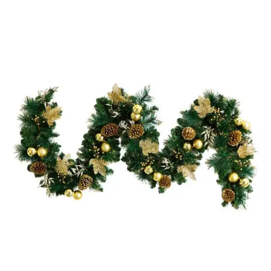 9ft. Pre-Lit Artificial Golden Frosted Christmas Garland with 50 Warm White LED Lights Pinecones, Berries and Ornaments {1}