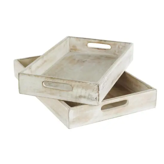 Whitewashed Carved Mandala Mango Wood Tray Set {1}