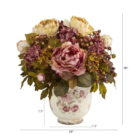 16" Pink & Cream Peony Arrangement in Floral Vase {3}