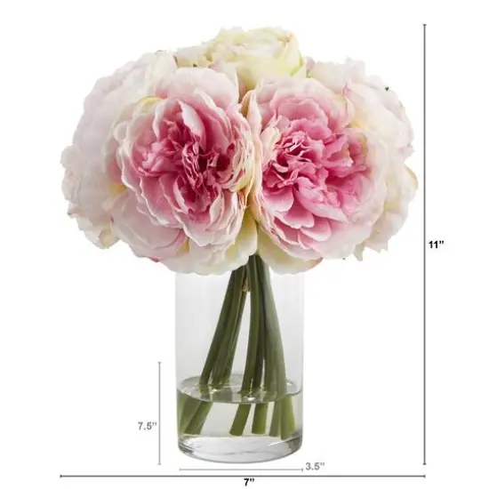 11" Pink Peony Bouquet in Glass Vase {3}