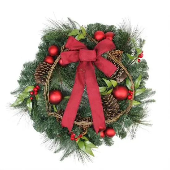 24" Red Ball Ornaments & Pinecones Artificial Pine Wreath {4}
