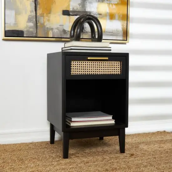 Wood Accent Table with Cane Front Drawer & Gold Handle Black {10}
