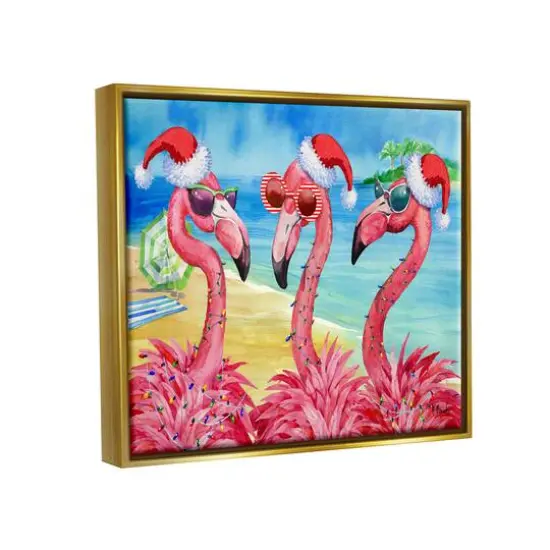 Stupell Industries Holiday Lights Flamingos Beach Gold Framed Floater Canvas Wall Art {4}