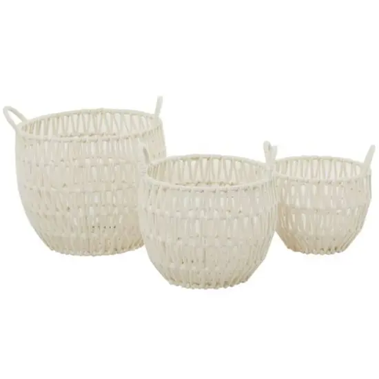 White Cotton Handmade Storage Basket with Handles Set of 3 14", 12", 10" {5}
