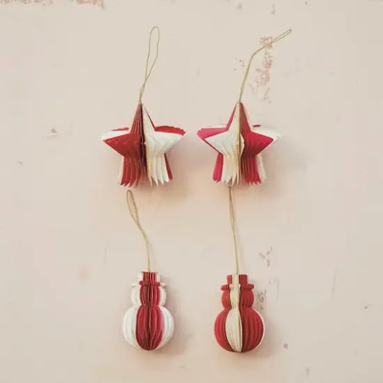 Hello Honey&reg; 2 Pack 3.5" Red & Cream Paper Folding Honeycomb Snowman Ornaments with Gold Glitter Edge {3}