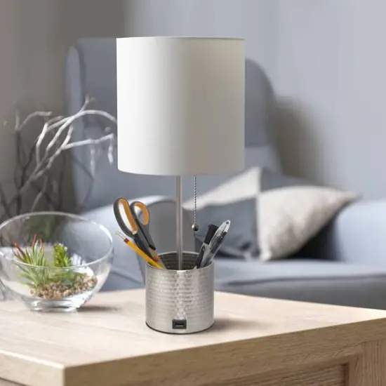Simple Designs 18.5" Hammered Metal Container Base Table Lamp with USB Charging Port White/Brushed Nickel {6}