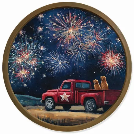 20" Goldens Watching Fireworks Round Framed Print Brown Frame {1}