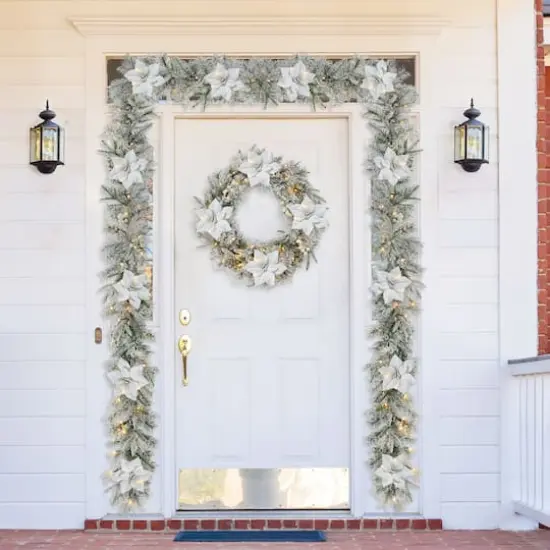 Glitzhome&reg; 24" Pre-Lit Snow Flocked Greenery Pine Poinsettia Christmas Wreath {4}