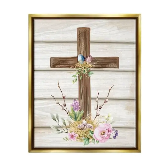 Stupell Industries Spiritual Easter Cross Spring Blossoms Floater Framed Art Gold {1}