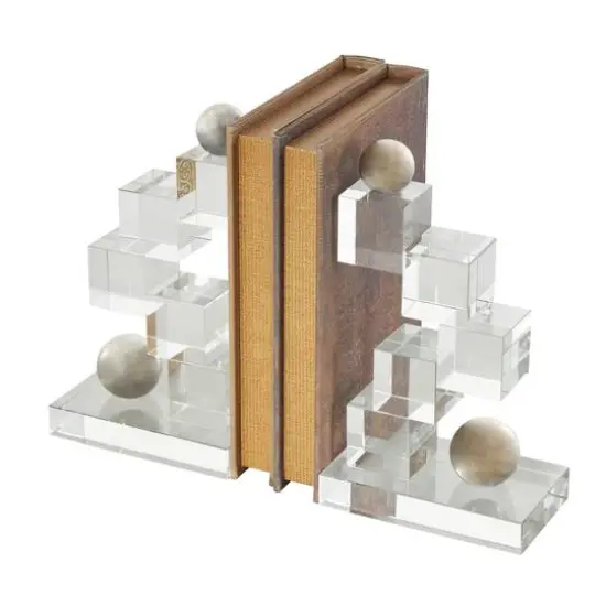 8.25" Clear Glass Stacked Squares Bookends with Silver Orbs, 2ct. {7}