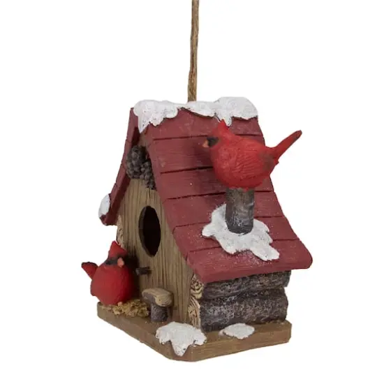 7" Brown & Red Christmas Birdhouse with Cardinals {5}