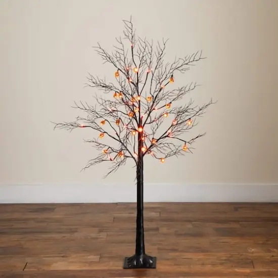 4ft. Pre-Lit Artificial Halloween Black Twig Tree with 24 Orange LED Pumpkin Shaped Lights {12}