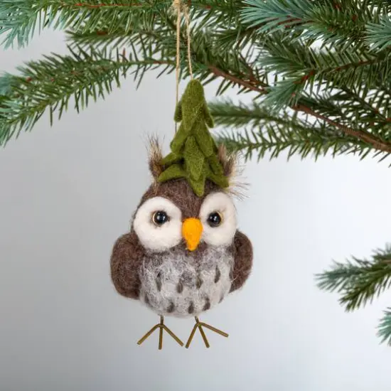 Hello Honey&reg; 5.5" Handmade Wool Felt Owl Ornament with Tree Hat {5}