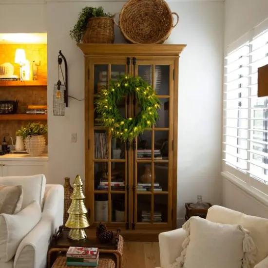 24in. Pre-Lit Artificial Real Touch Norfolk Island Pine Wreath with 50 Warm White LED Lights and Natural Look {8}