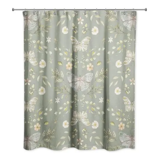 Butterfly Pattern Shower Curtain Olive Green {1}