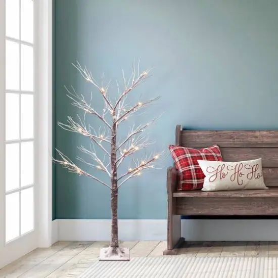 4ft. Pre-Lit Flocked Brown Artificial Twig Tree, White Lights {3}