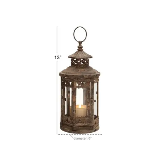 Brown Iron Rustic Candle Holder Lantern, 13" x 6" x 6" {5}