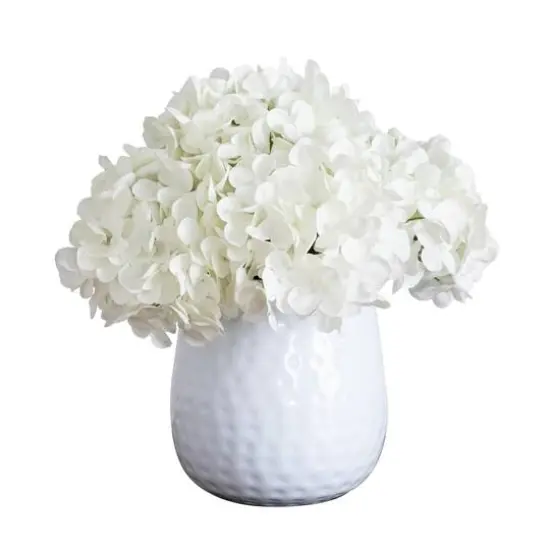 11" White Hydrangea Arrangement in White Metal Vase {1}