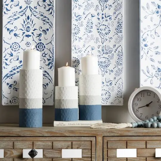 Blue Metal Striped Pillar Candle Holder Set {7}