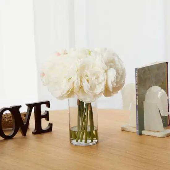 11" White Peony Bouquet in Glass Vase {4}