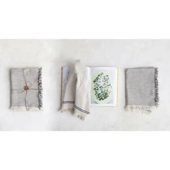 Hello Honey&reg; Natural & Black Stripes Woven Cotton Tea Towels with Fringe Set {3}