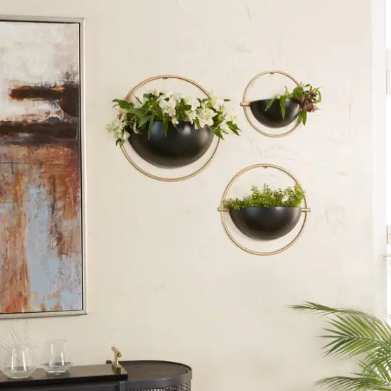 Set of 3 Black Iron Contemporary Planters, 15" x 14" x 5" {9}