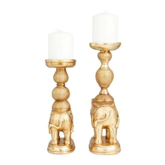 Set of 2 Gold Polystone Traditional Candle Holders, 13" x 4" x 6" {6}