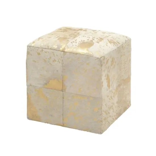 17" Gold Leather & Wood Glam Ottoman {3}