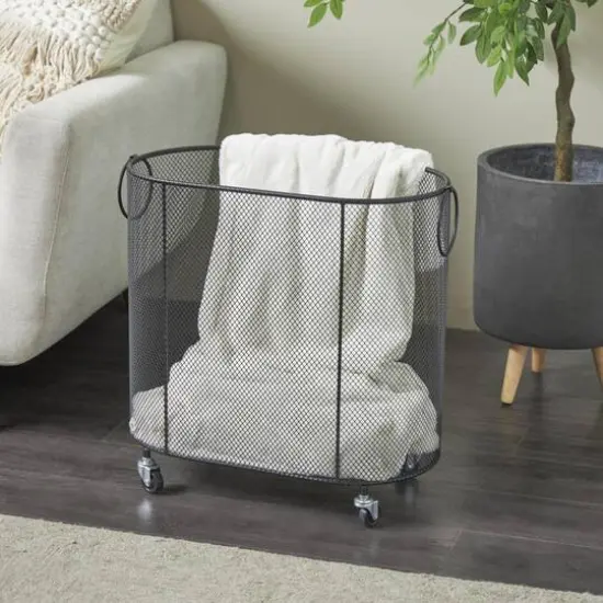 21" Metal Oval Mesh Wire Rolling Laundry Storage Cart with Ring Handles Black {9}