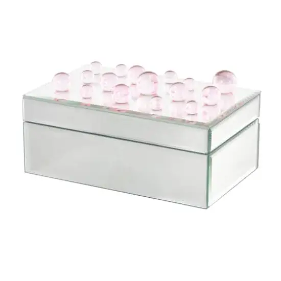8" x 5" x 4.5" Silver Glass Mirrored Decorative Jewelry Box with Pink Bubble Textured Balls {1}