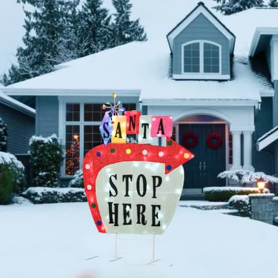 4ft. 2D Vintage Vegas Santa Stop Here Sign with Cool White, Warm White & Red Flowing UL LED Lights {3}