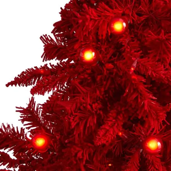 5ft. Pre-Lit Red Flocked Fraser Fir Artificial Christmas Tree with Red Lights {4}
