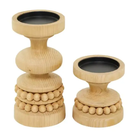 Brown Wood Beaded Pillar Candle Holder Set {5}