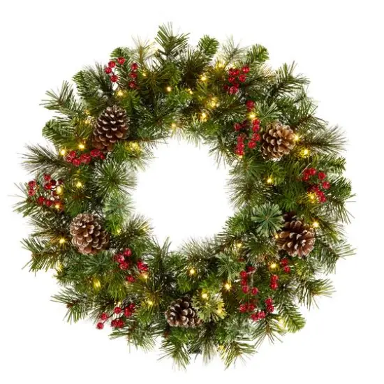 24" Iced Berry Warm White LED Pre-Lit Pine Wreath {1}